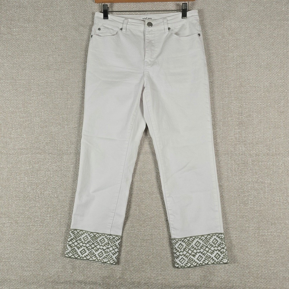 Tribal Jeans White Crop Straight Leg Embroidered Cuff Denim Pants Size 6